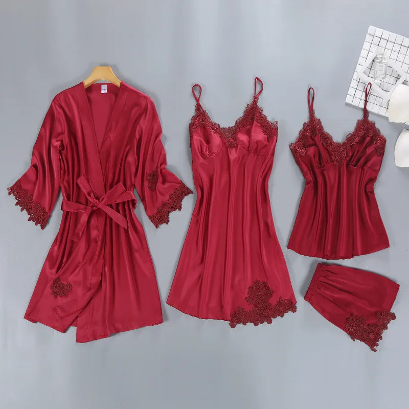 1/4/5PCS Women's Satin-Like Robe & Pajama Set | Lace V-Neck Cami Nightdress | Comfortable Home Sleepwear