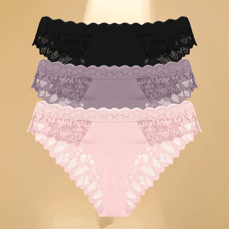 FINETOO 3PCS Women's Lace Hollow Out Low Waist Floral Panties Sexy Invisible Breathable Lingerie