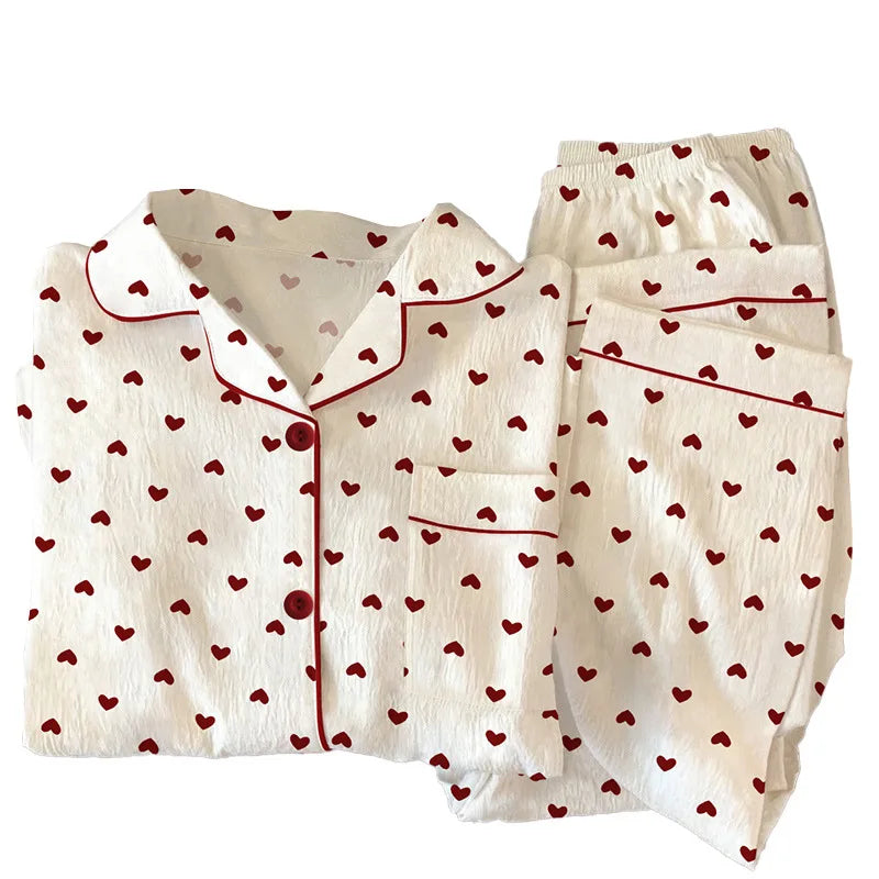 New Spring Autumn Women's Pajama Set | Love Cardigan Long Sleeve Crinkled Fabric Loungewear