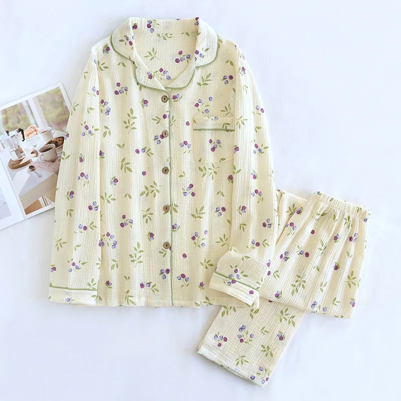 2025 Spring & Autumn Women's Pajama Set | 100% Cotton Crepe Long Sleeve Top & Pants | Cute Sweet Two-Piece Homewear