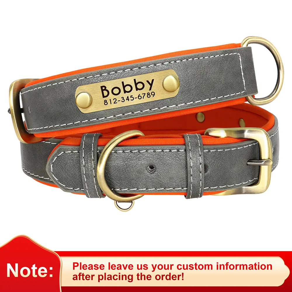 Custom PU Leather Dog Collar – Soft Padded with Engraved Nameplate, Adjustable for Small, Medium & Large Dogs