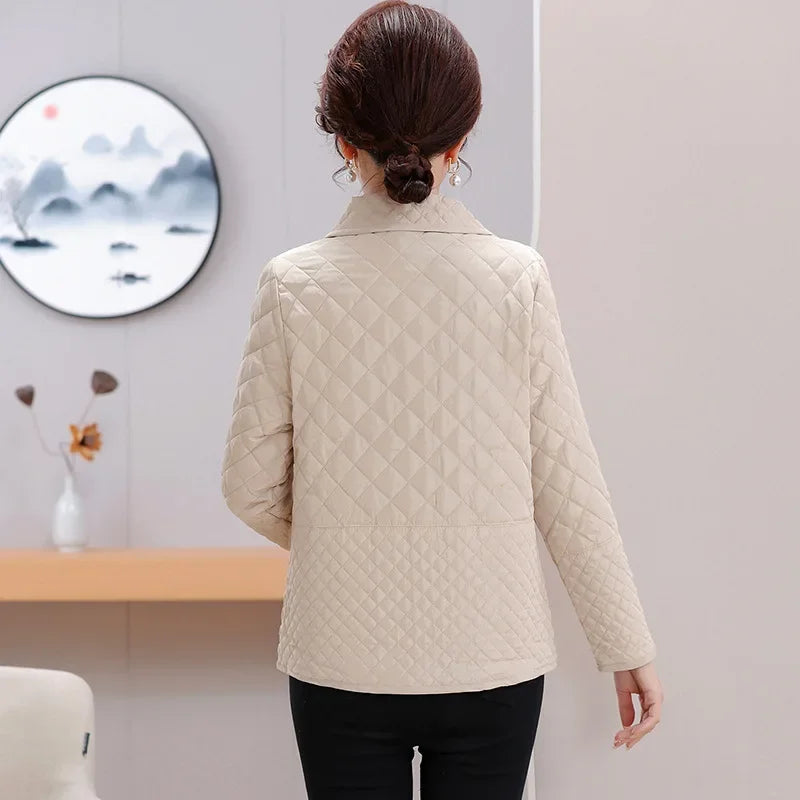 Leichte, kurze Baumwolljacke für Damen, heiß begehrt, Rautenmuster, neue Größe S, ideal für Mütter