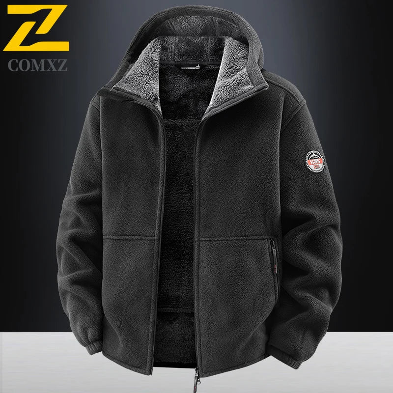 COMXZ Plus Size Hooded Jacket – Thickened Warm Fleece Travel Coat for Autumn Winter Camping