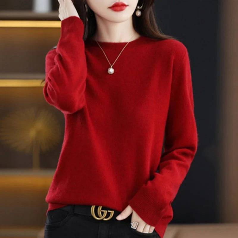 Women O-Neck Sweater Autumn Winter Basic Pullover Warm Long-Sleeve Knitwear