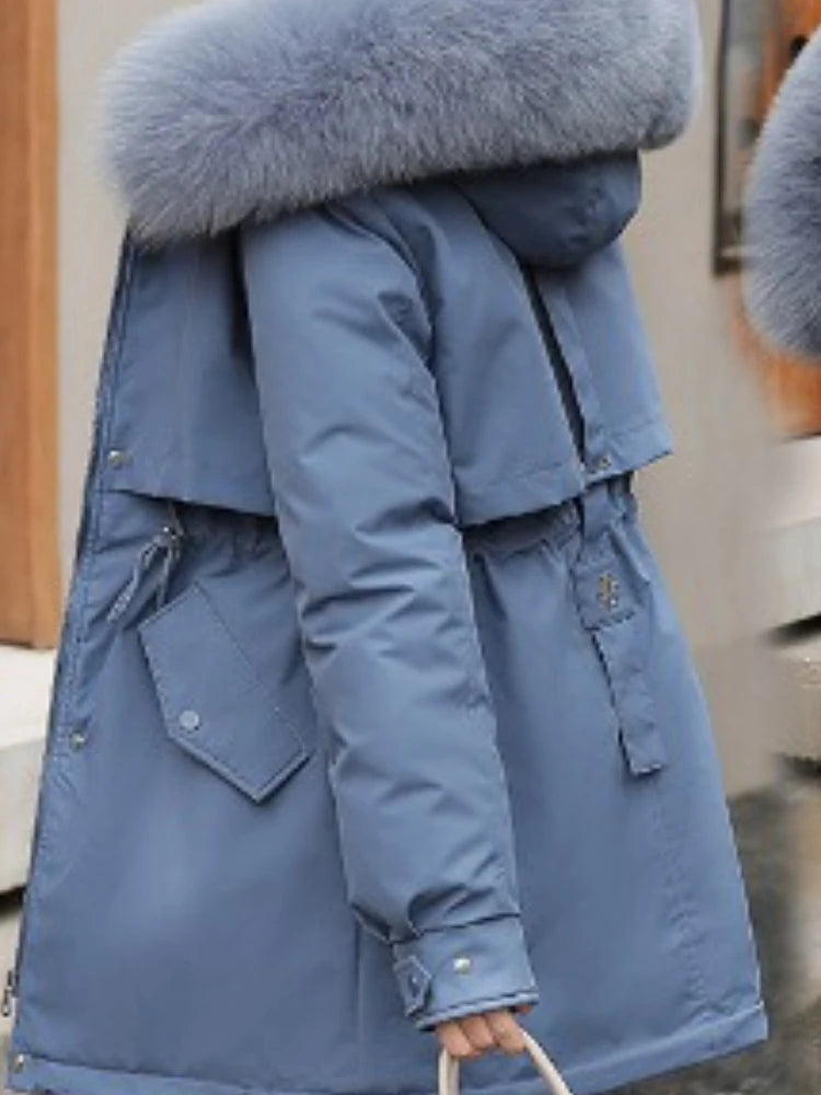 New Women Parka Long Coat with Wool Liner, Hooded Winter Jacket, Slim Fit with Fur Collar, Warm Snow Wear Padded Clothes