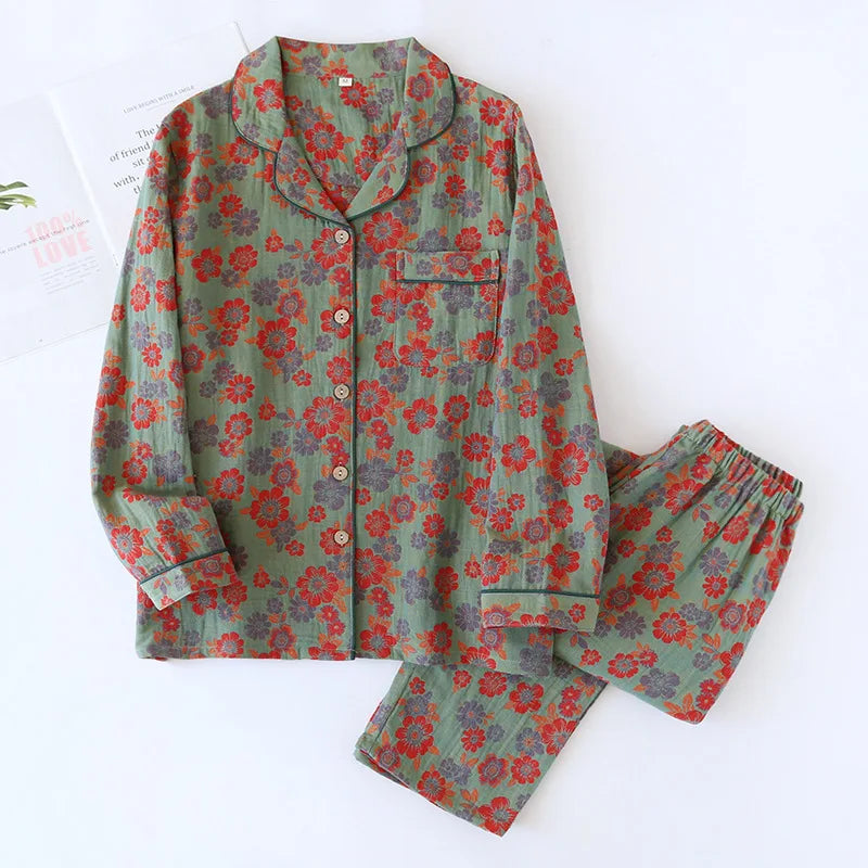 2025 Spring & Summer Women's Pajama Set | 100% Cotton Crepe Long Sleeve Top & Trousers | Floral Leaf Two-Piece Homewear
