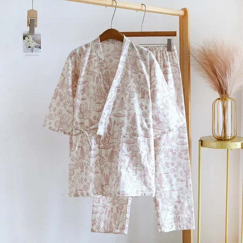 2025 Japanese Style Women's Kimono Pajama Set | 100% Cotton Gauze Seven Sleeve Two-Piece | Cute Spring & Autumn Homewear