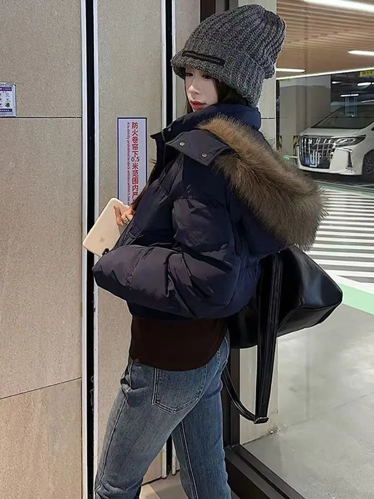 American Retro Fur Collar Women’s Hooded Cotton Coat Winter Loose Casual Slim Jacket