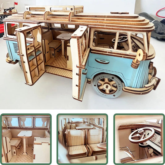 Retro Bus & European-Style Campervan 3D Wooden Puzzle – DIY Car, Airplane & Sailing Ship Model Toy for Kids
