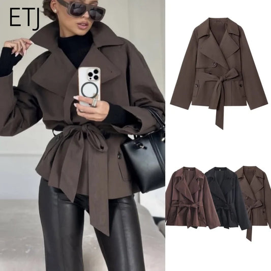 ETJ Autumn 2025 Women's British-Style Lapel Double-Breasted Maillard Color Belt Casual Trench Coat