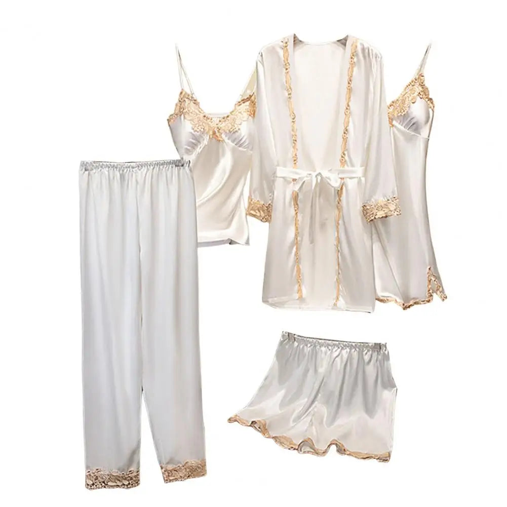 Long & Short Nightgown Set – Elegant Satin Lace 5PCS Women’s Pajama Set with Lace-Up Waist, Silky Comfortable Nightwear