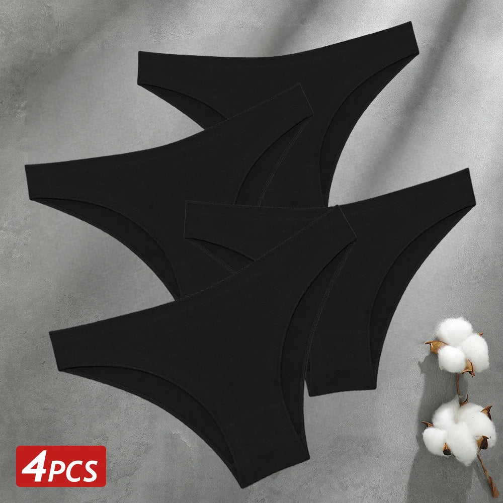 4PCS Seamless Cotton Panties Women Solid Color Low Waist Breathable Stretch Underwear