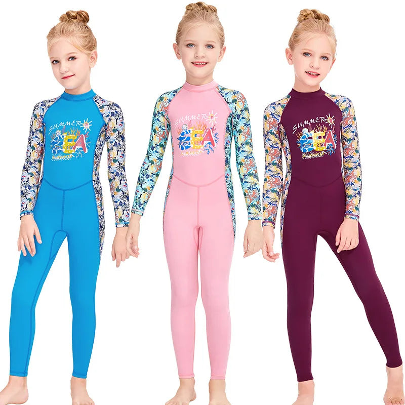 Girls UV Protective Long Sleeve Swimsuit 2-12 Years Children Swimwear Sport