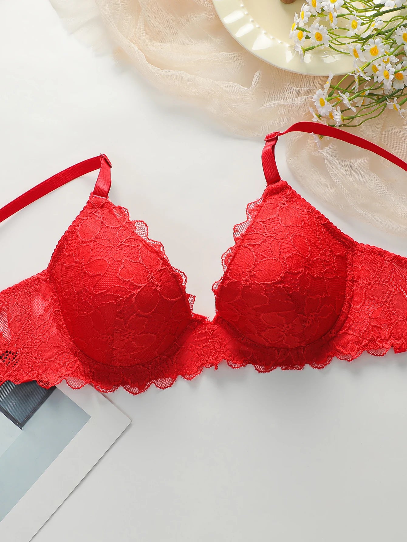 Red & White Lingerie 2-Piece Set – Lace Cotton Sexy Women's Underwear J3431