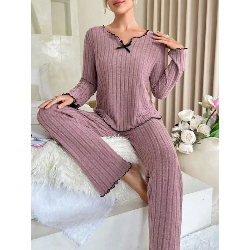 Autumn Winter Women's Ribbed Pajama Set | Long Sleeve Top & Pants 2-Piece Casual Homewear