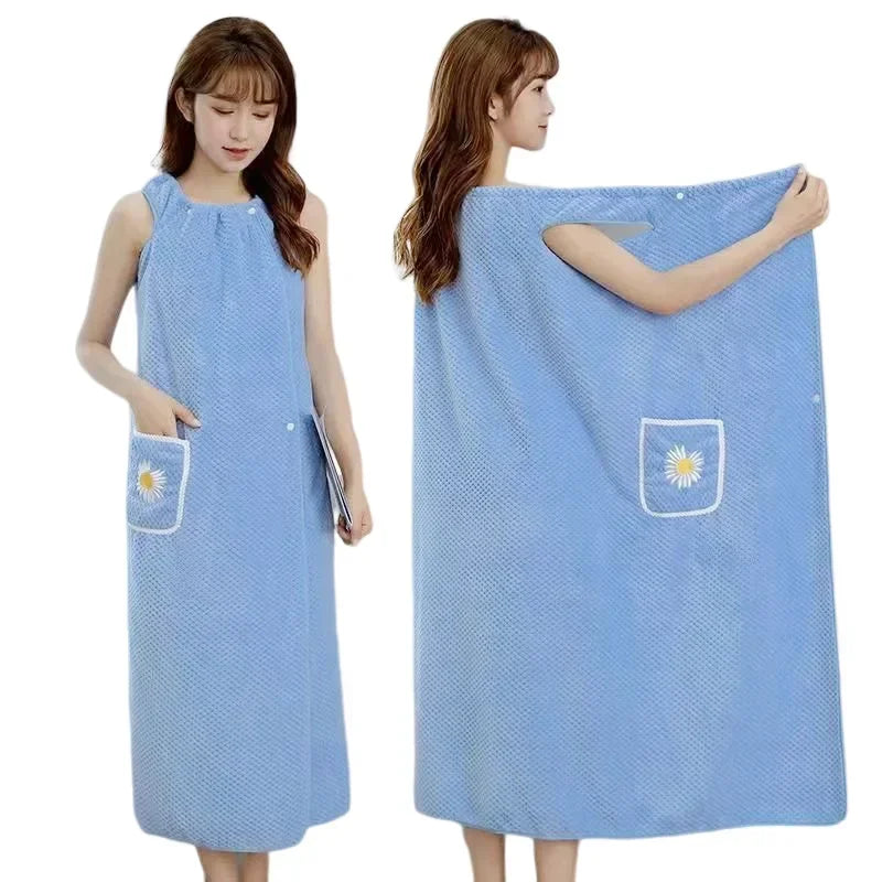 Wearable Bath Towel for Women - Absorbent Polyester Wrap Skirt Long Style Washable Bathroom Bathrobe