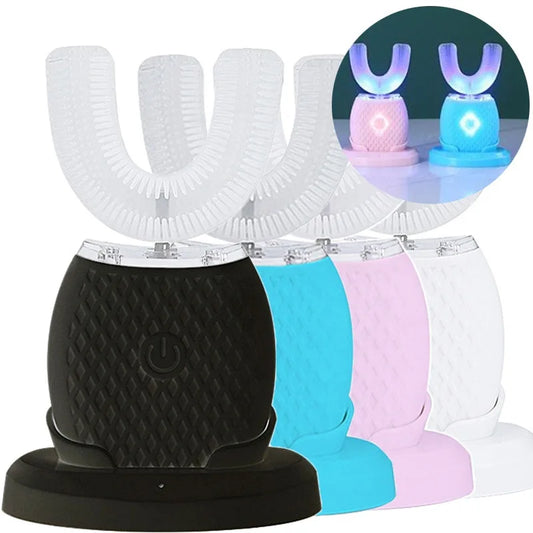 فرشاة أسنان كهربائية سونيك سيليكون على شكل حرف U - تبييض أسنان وتنظيف فم تلقائي بزاوية 360 درجة