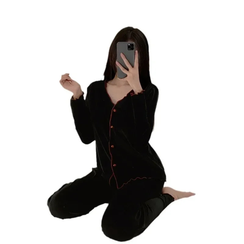 Women's V-Neck Flared Cardigan Pajama Set | Chest Pad & Fleece Pants Winter Plus Size Sleepwear