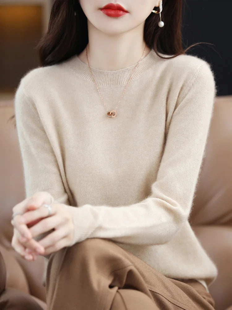 Fashion 100% Merino Wool Cashmere O-Neck Sweater Women Long Sleeve Knitwear