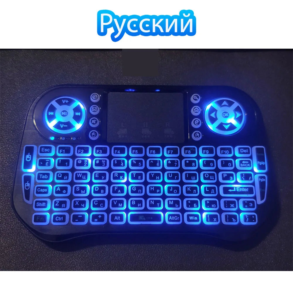 Bluetooth Wireless Mini Keyboard – RGB Backlit, 2.4G USB Receiver, English/Russian/French/Spanish/Portuguese/Arabic/Hebrew Layout for Android TV Box, PC, Laptop, Smart TV