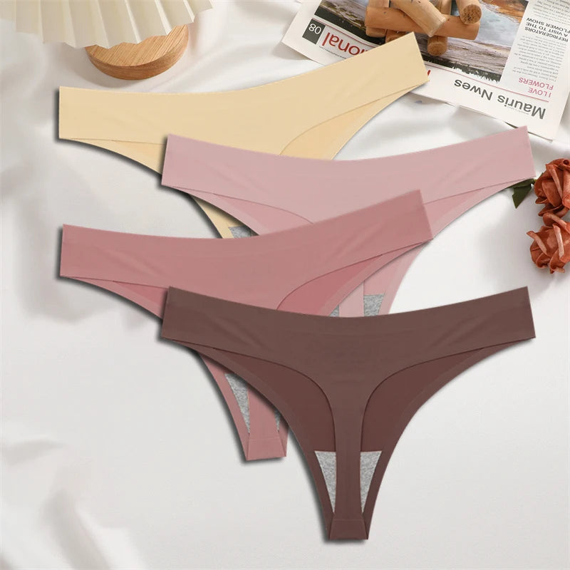 FINETOO 4PCS Women's Ice Silk Seamless Low Waist Thongs Sexy Solid Color Stretch Lingerie
