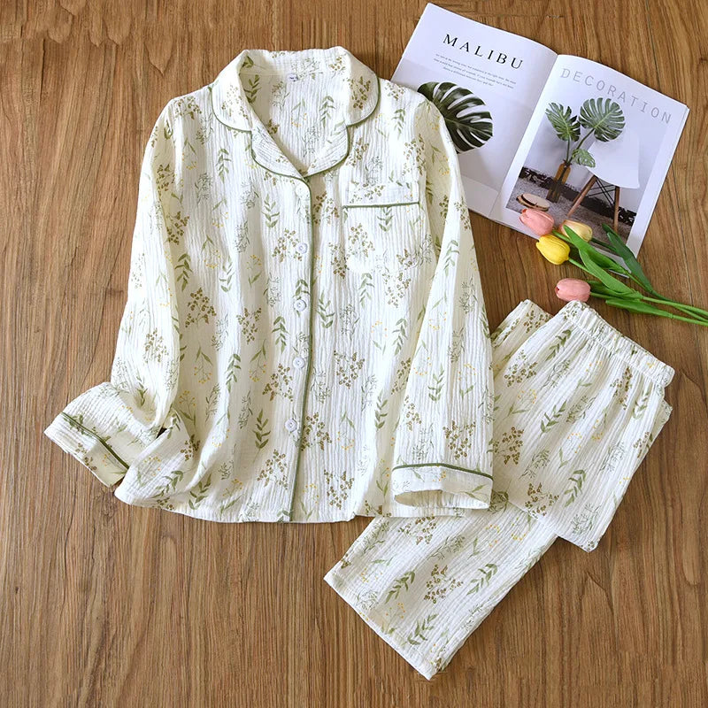 2025 Spring & Autumn Women's Pajama Set | 100% Cotton Crepe Long Sleeve Top & Pants | Cute Sweet Two-Piece Homewear