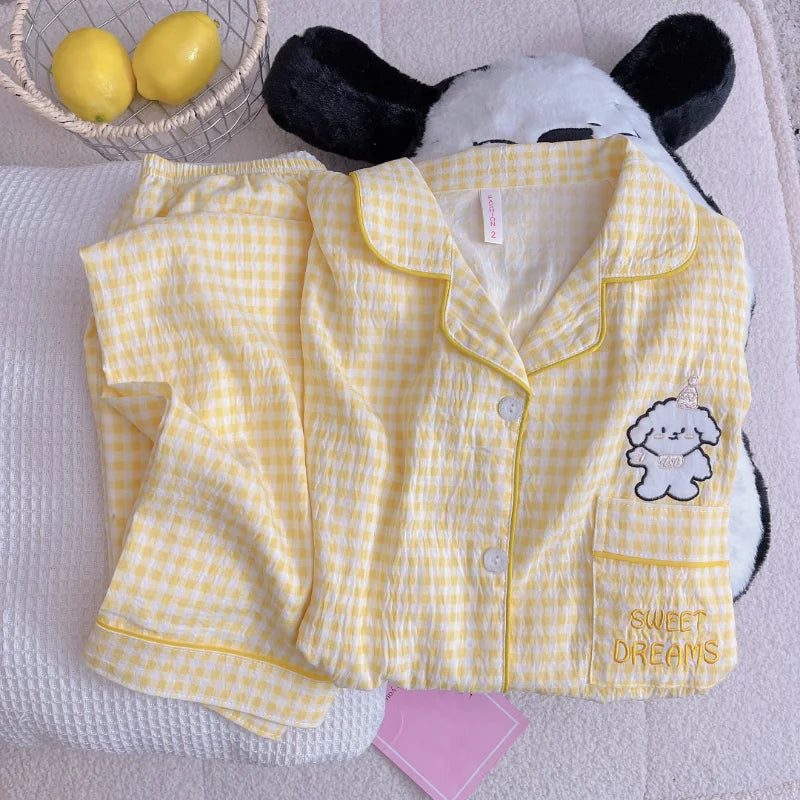 New Spring Women's Pajama Set | Cute Plaid Embroidered Dog Design Home Wear with Lapel Neck