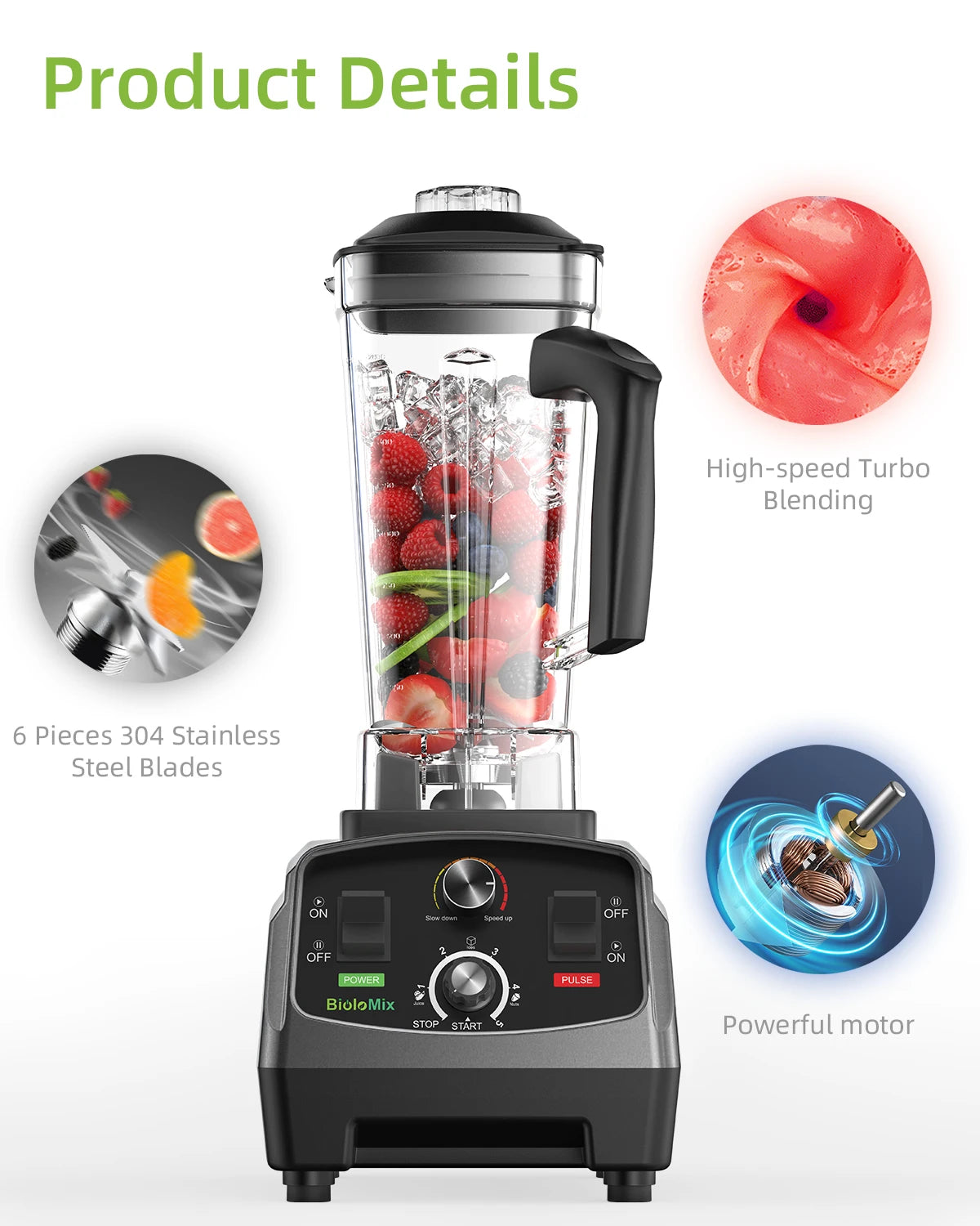 BioloMix 2200W Heavy Duty Blender 3HP Mixer Juicer Food Processor 2L BPA Free