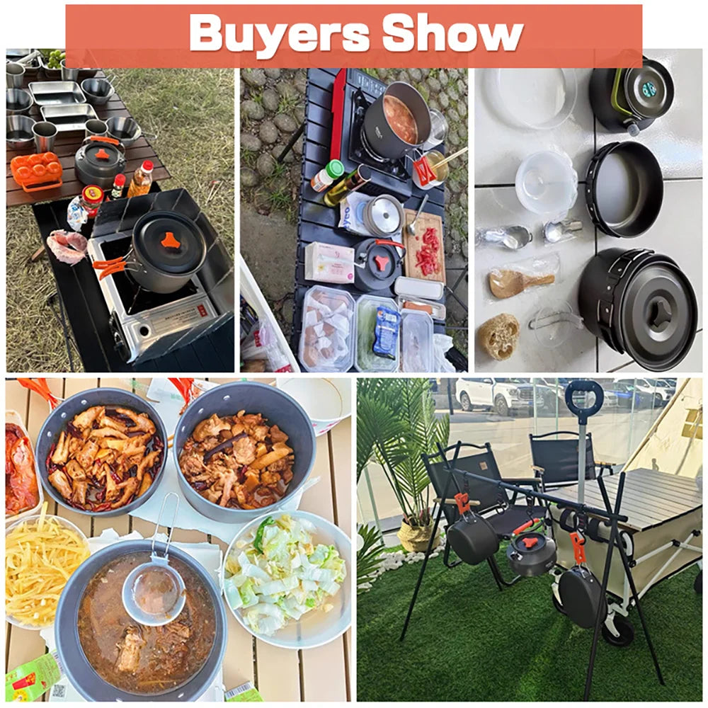 مجموعة أدوات طهي للتخييم مع إبريق شاي - أواني غير لاصقة وأدوات مائدة للسفر تتسع من شخصين إلى ثلاثة أشخاص، أدوات طهي للنزهات الخارجية