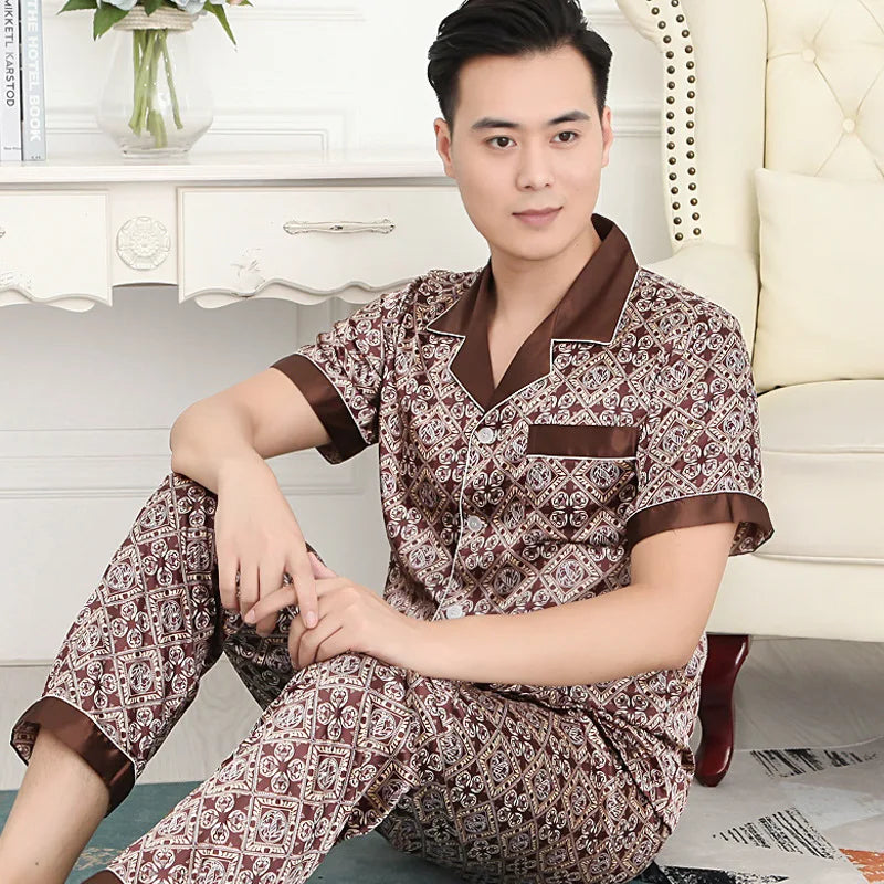 Men's High Quality Pajama Set | Spring & Autumn Thin Ice Silk Polyester Sleepwear | Long Sleeve Plus Size Summer Homewear
