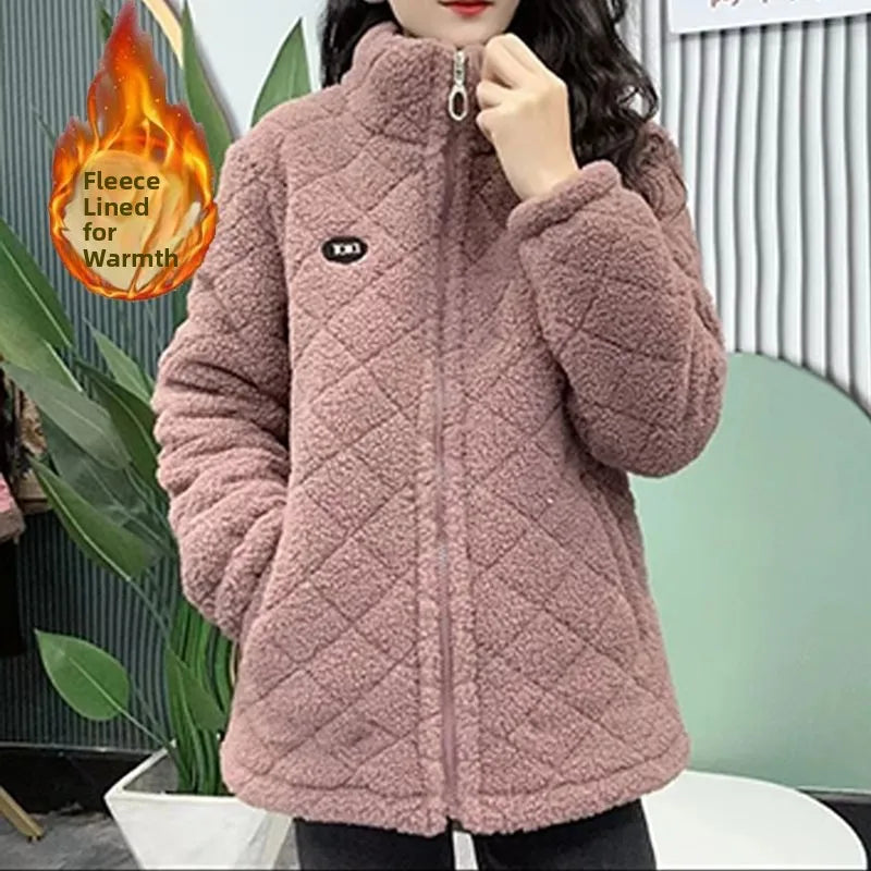 Thickened Fleece Women's Jacket Winter Warm Mid-Length Zipper A-Line Stylish Commute Coat