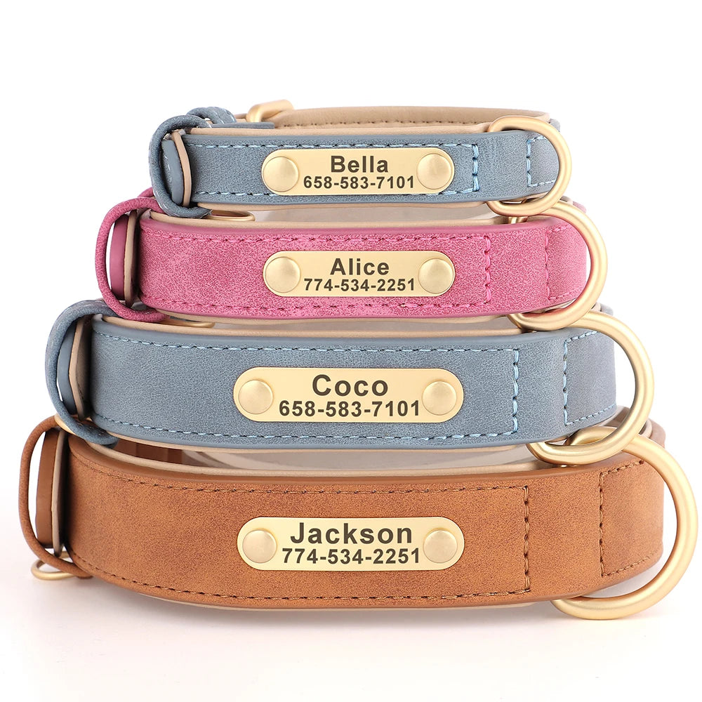 Personalized PU Leather Dog Collar – Custom Engraved Nameplate ID Tag for Small, Medium & Large Dogs