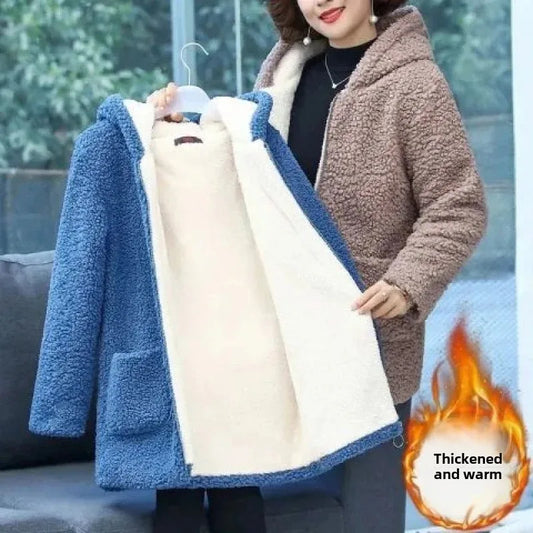Thickened Hooded Cotton Jacket Women's Warm Winter Fleece-Lined Mommy Style Outerwear