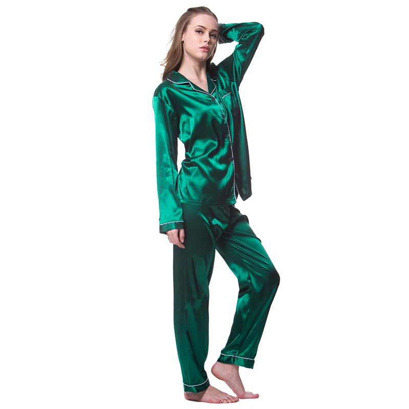 Women's Autumn Satin Pajama Set | Long Sleeve Button Lapel Top & Pants 2-Piece Comfortable Sleepwear
