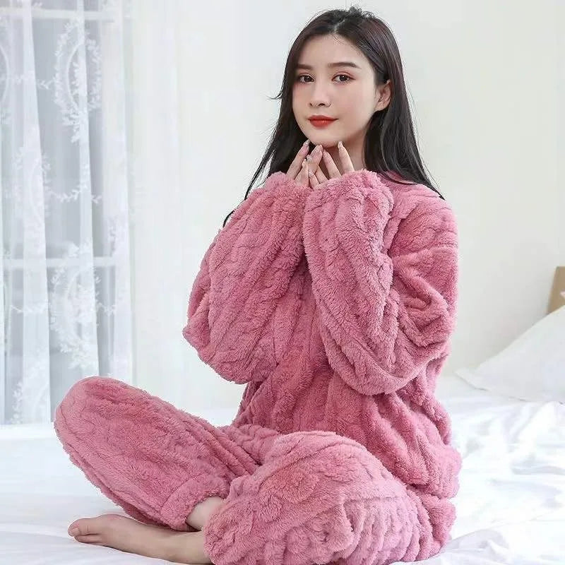 Women's Thickened Flannel Pajama Set | Winter Warm Sleepwear | Striped Top & Pants Homewear Loungewear