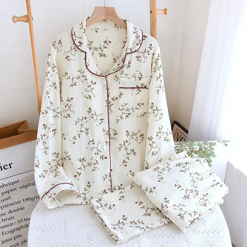2025 Spring & Autumn Women's Pajama Set | 100% Cotton Crepe Long Sleeve Top & Pants | Cute Sweet Two-Piece Homewear