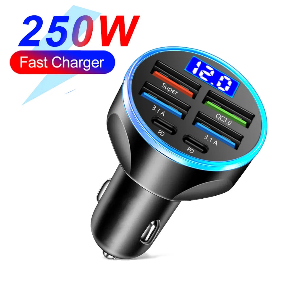66–250W PD Car Charger – QC3.0 Fast Charging Cigarette Lighter Splitter with Digital Display (1-to-6 Ports)