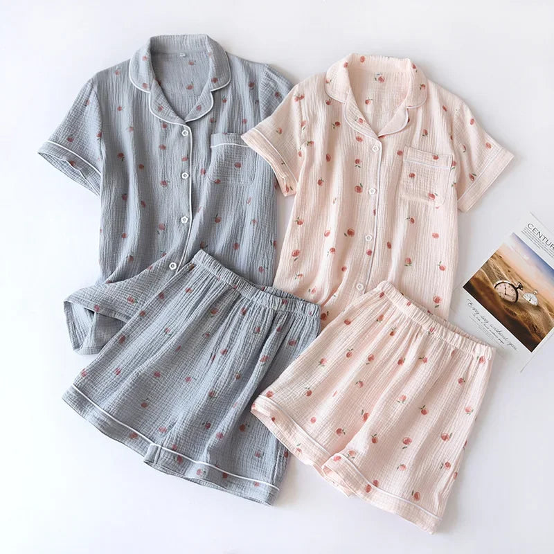 2025 Summer Women's Pajama Set | 100% Cotton Crepe Short Sleeve & Shorts | Thin Loose Two Piece Homewear for Spring & Autumn