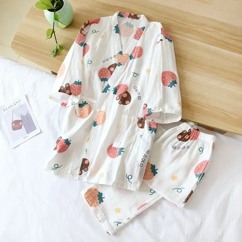 2025 Japanese Style Women's Kimono Pajama Set | 100% Cotton Gauze Seven Sleeve Two-Piece | Cute Spring & Autumn Homewear