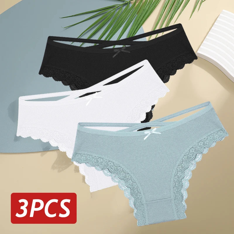 3PCS Set Women's Cotton Low Rise Lace Brazilian Panties Soft Breathable Bow Lingerie Underwear S-XL