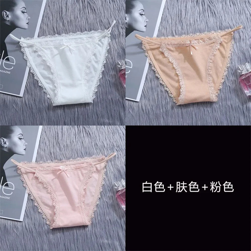3PCS Women's Traceless Ice Silk Briefs Nylon Lace Trim Low Waist Breathable Cotton Crotch Panties