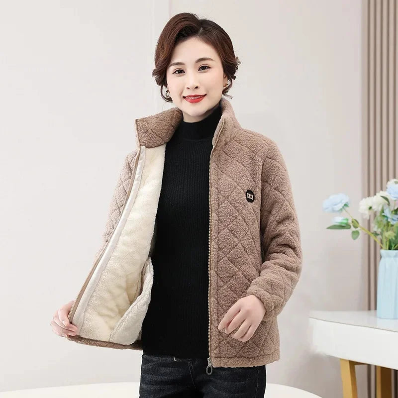 Middle-Aged & Elderly Women's Fleece-Lined Wool Sweatshirt Stand Collar Cardigan Winter Jacket