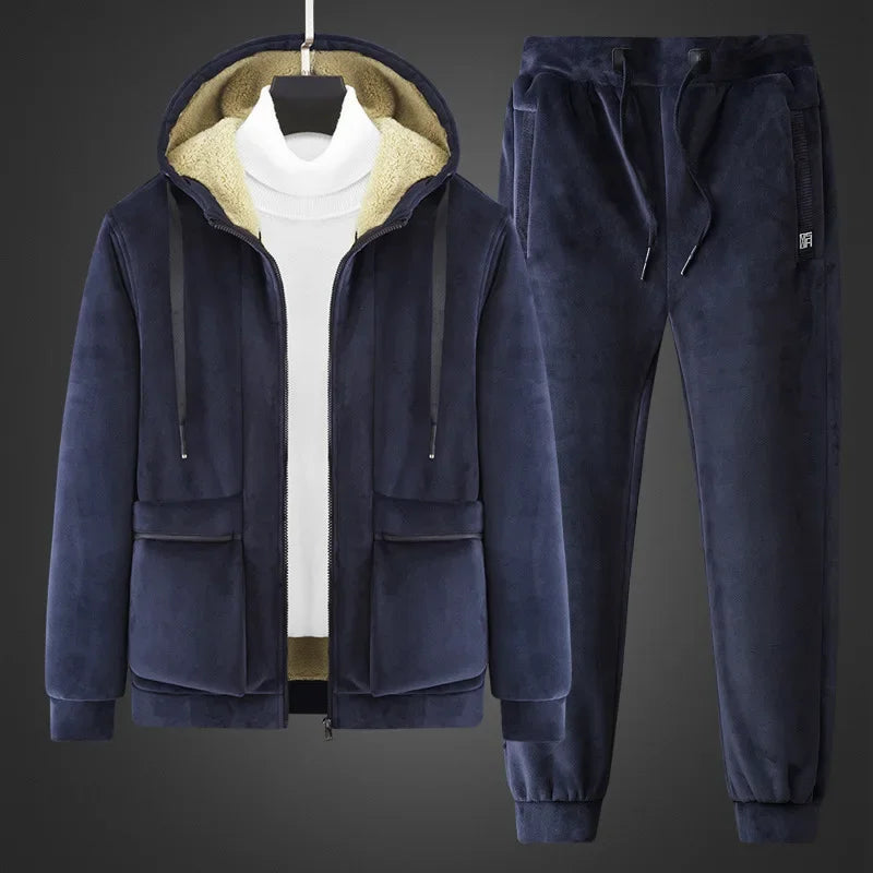 Men’s Winter Cashmere Fleece Tracksuit – Thick Warm Hooded Thermal 2-Piece Hoodie & Pants Set