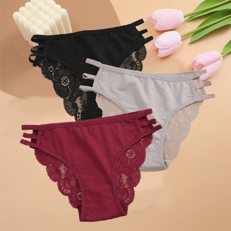 FINETOO 3PCS Women's Lace Floral Low-Waist Triple Belt Panties Soft Sexy Lingerie Underwear