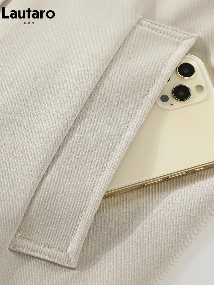 Lautaro Spring Autumn Flowy Casual Trench Coat for Women Belted Double-Breasted Loose Luxury Designer Fake 2-Piece Coat