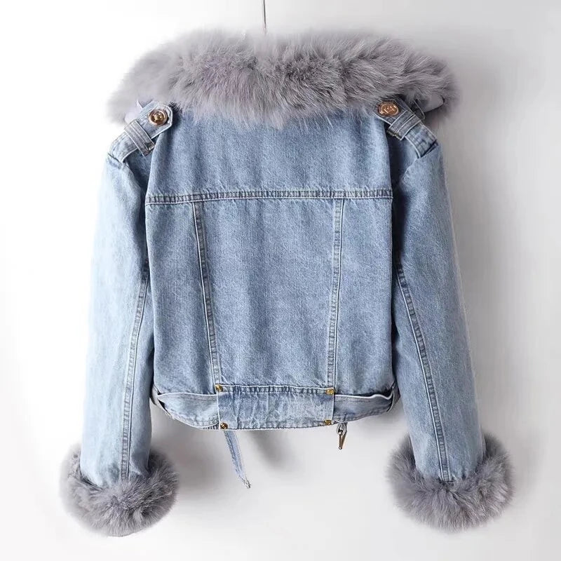 New Winter Denim Jacket Women Faux Fox Fur Collar Short Jean Coat with Warm Rabbit Hair Lining