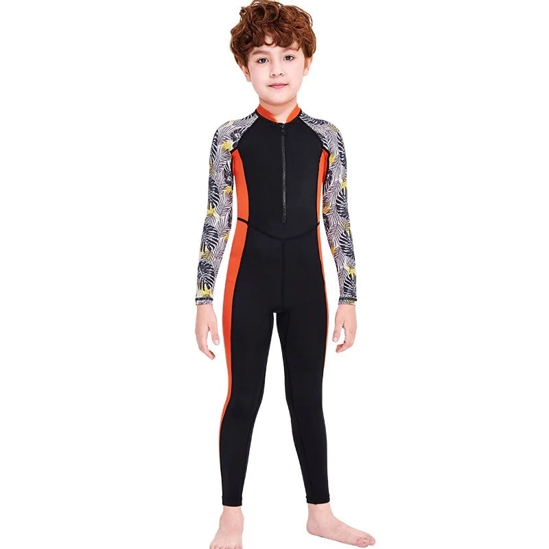 Boys One-Piece Swimsuit Long Sleeve Sun Protection Kids Swimwear with Cap