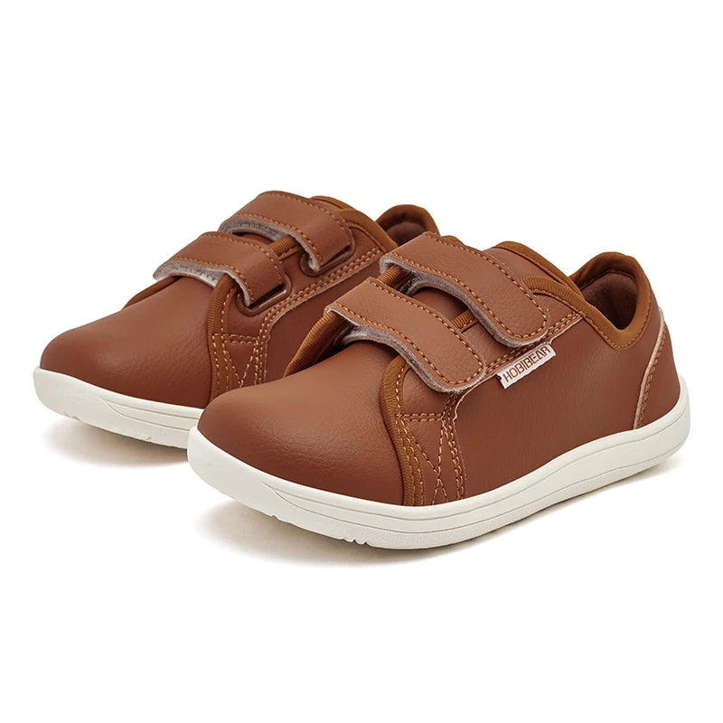 HOBIBEAR Kids Barefoot Shoes | Wide Toe Minimalist Leather Sneakers with Hook & Loop Closure