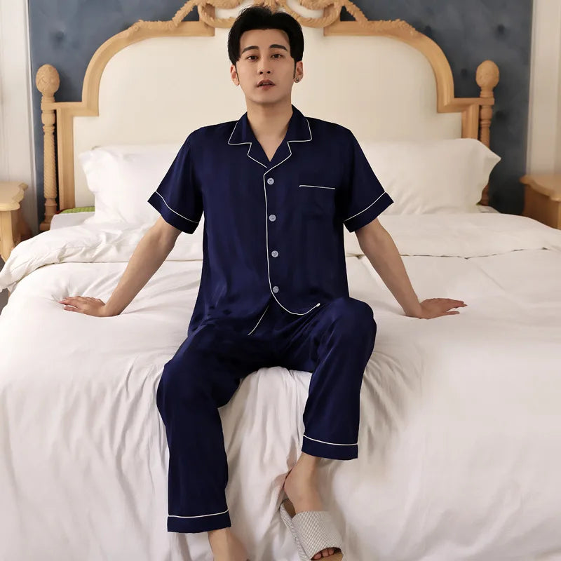 Men's High Quality Pajama Set | Spring & Autumn Thin Ice Silk Polyester Sleepwear | Long Sleeve Plus Size Summer Homewear