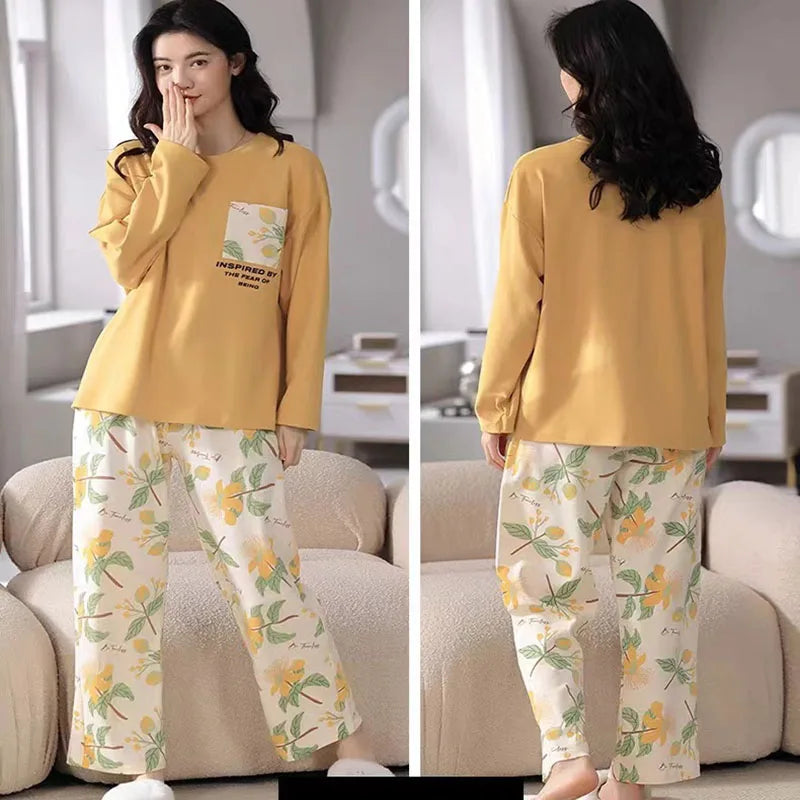 Plus Size Women's Pajama Set | Long Sleeve Top & Trousers | Autumn & Winter Cute Cartoon Bear Two-Piece Sleepwear